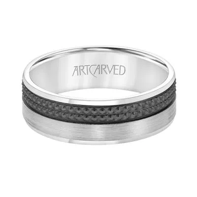 14k White Gold 7mm wide black Rhodium textured Band, size 10