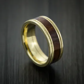 14K Yellow Gold Men's Ring Inlaid with Desert Ironwood Burl Hard Wood Wedding Band