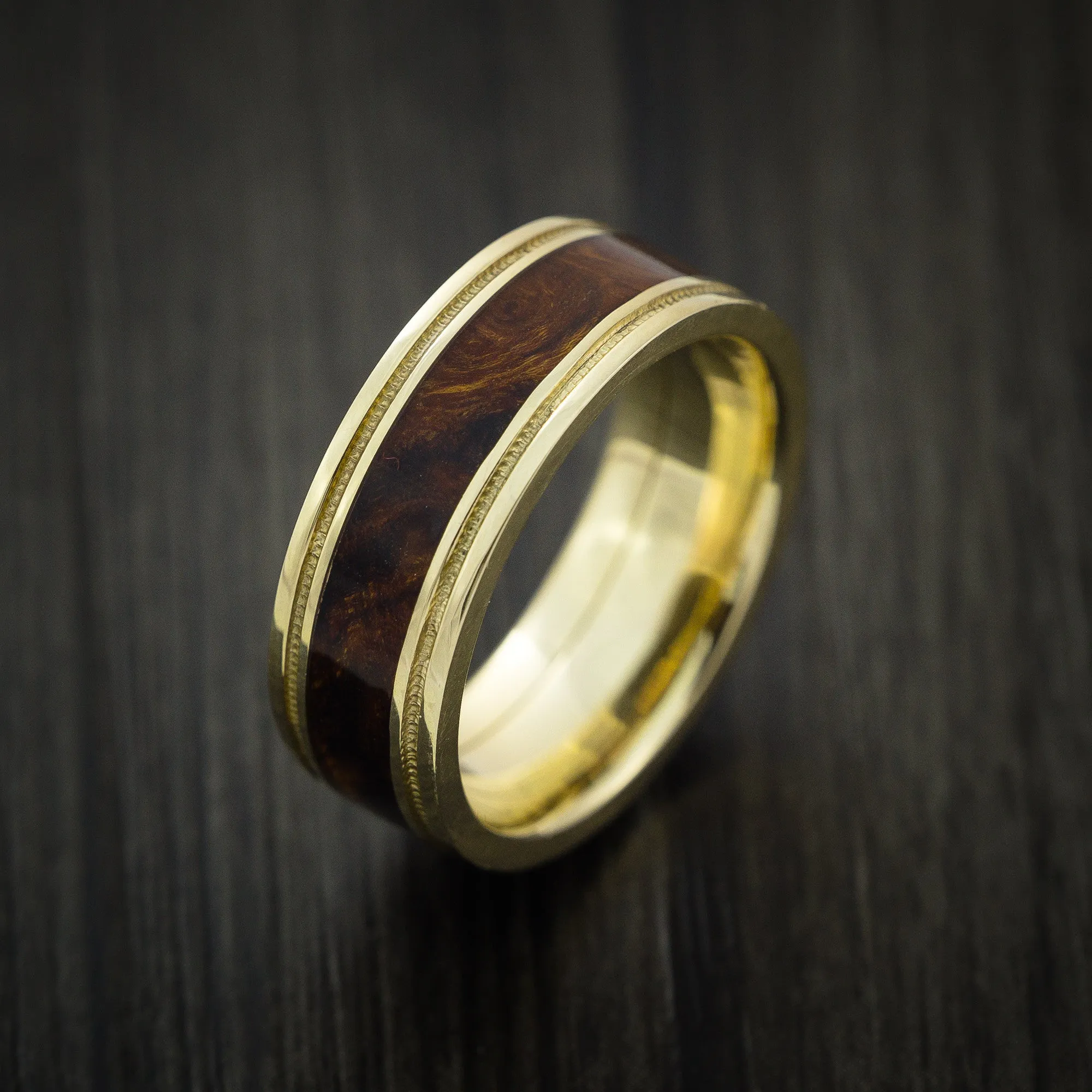 14K Yellow Gold Men's Ring Inlaid with Desert Ironwood Burl Hard Wood Wedding Band