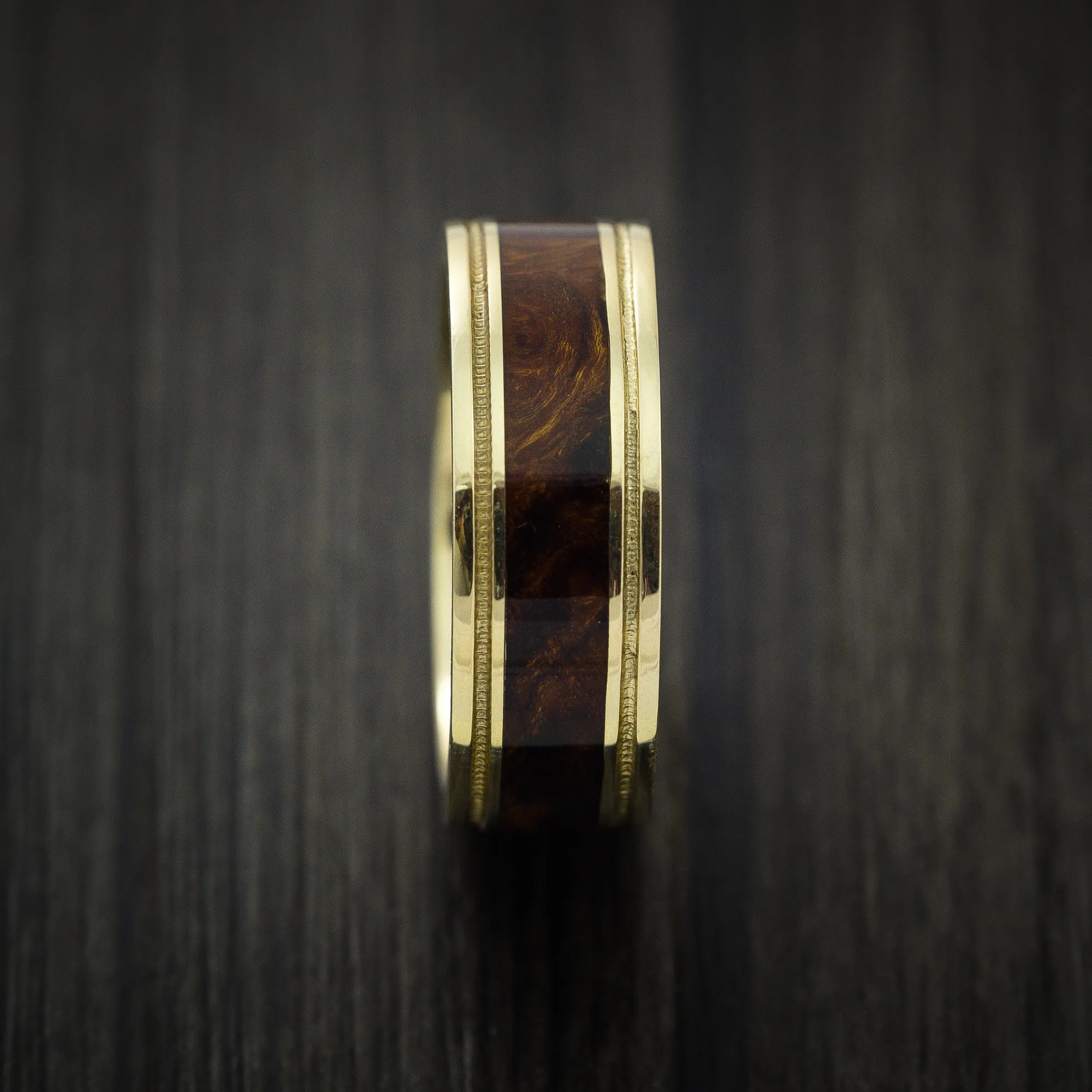 14K Yellow Gold Men's Ring Inlaid with Desert Ironwood Burl Hard Wood Wedding Band