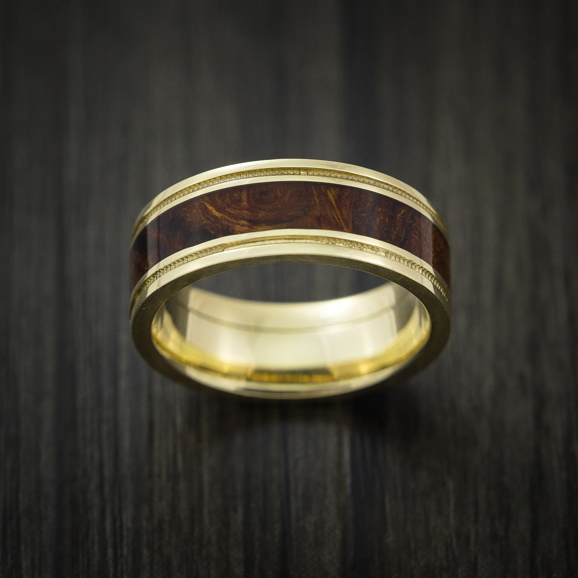 14K Yellow Gold Men's Ring Inlaid with Desert Ironwood Burl Hard Wood Wedding Band