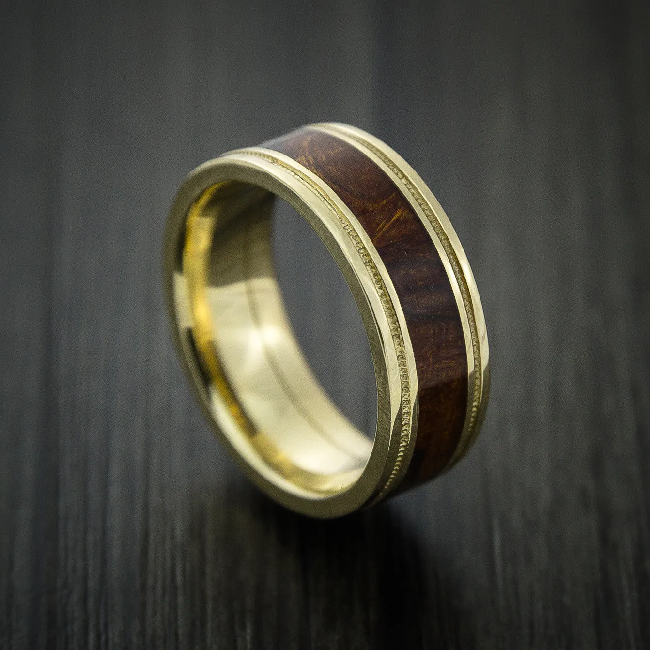 14K Yellow Gold Men's Ring Inlaid with Desert Ironwood Burl Hard Wood Wedding Band