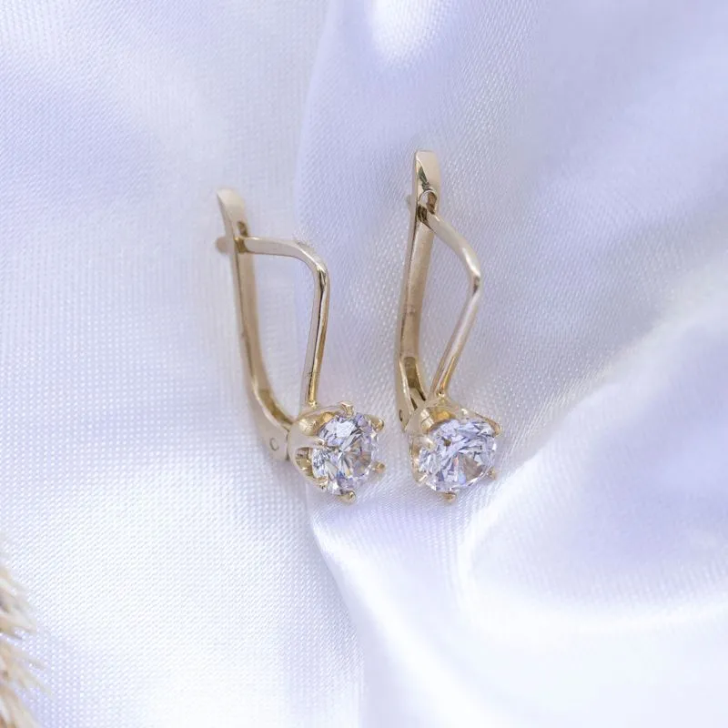 14K Yellow Gold Small White CZ Dangle Earrings