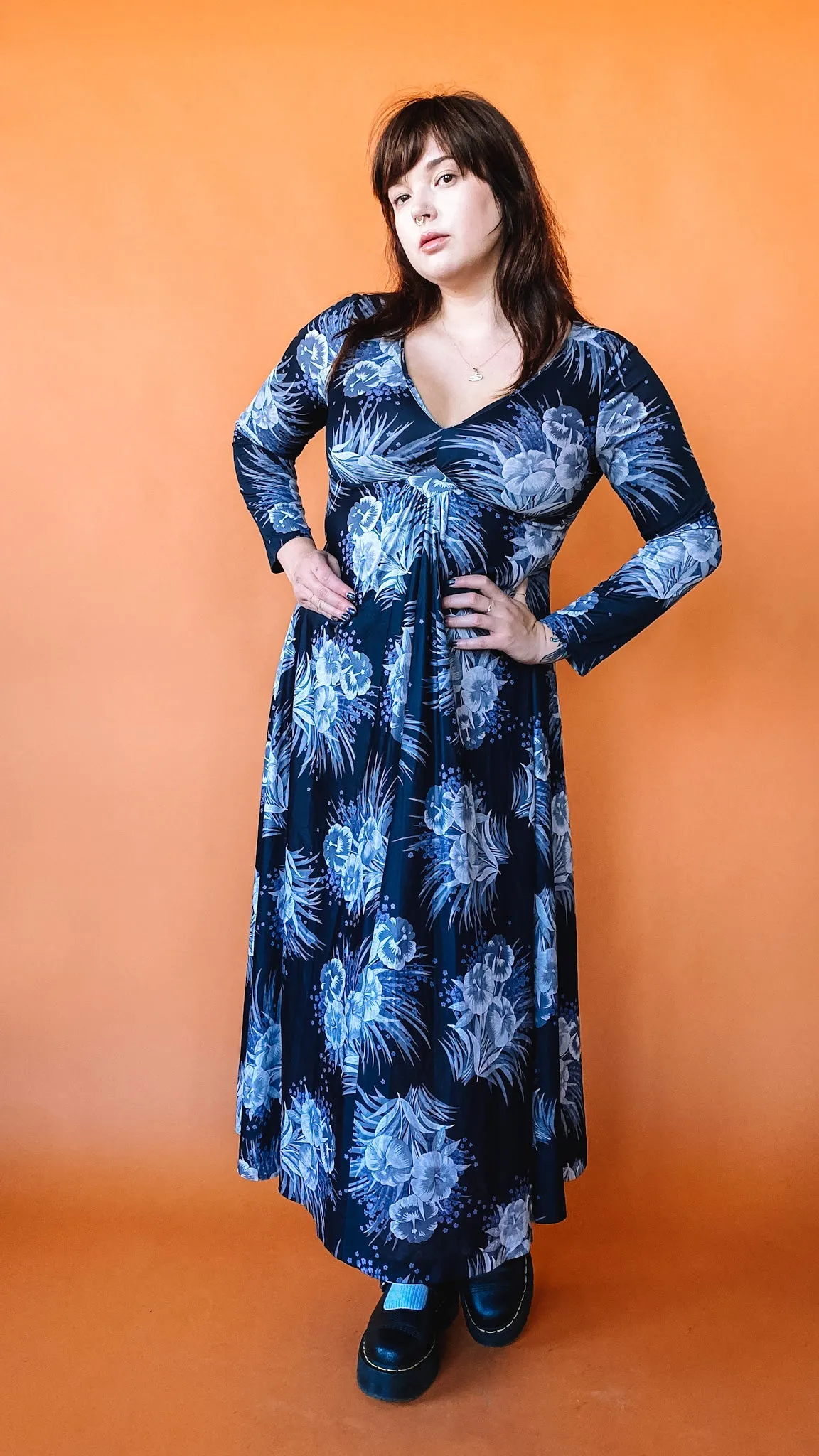 1970s Blue and Grey Maxi Dress, sz. L