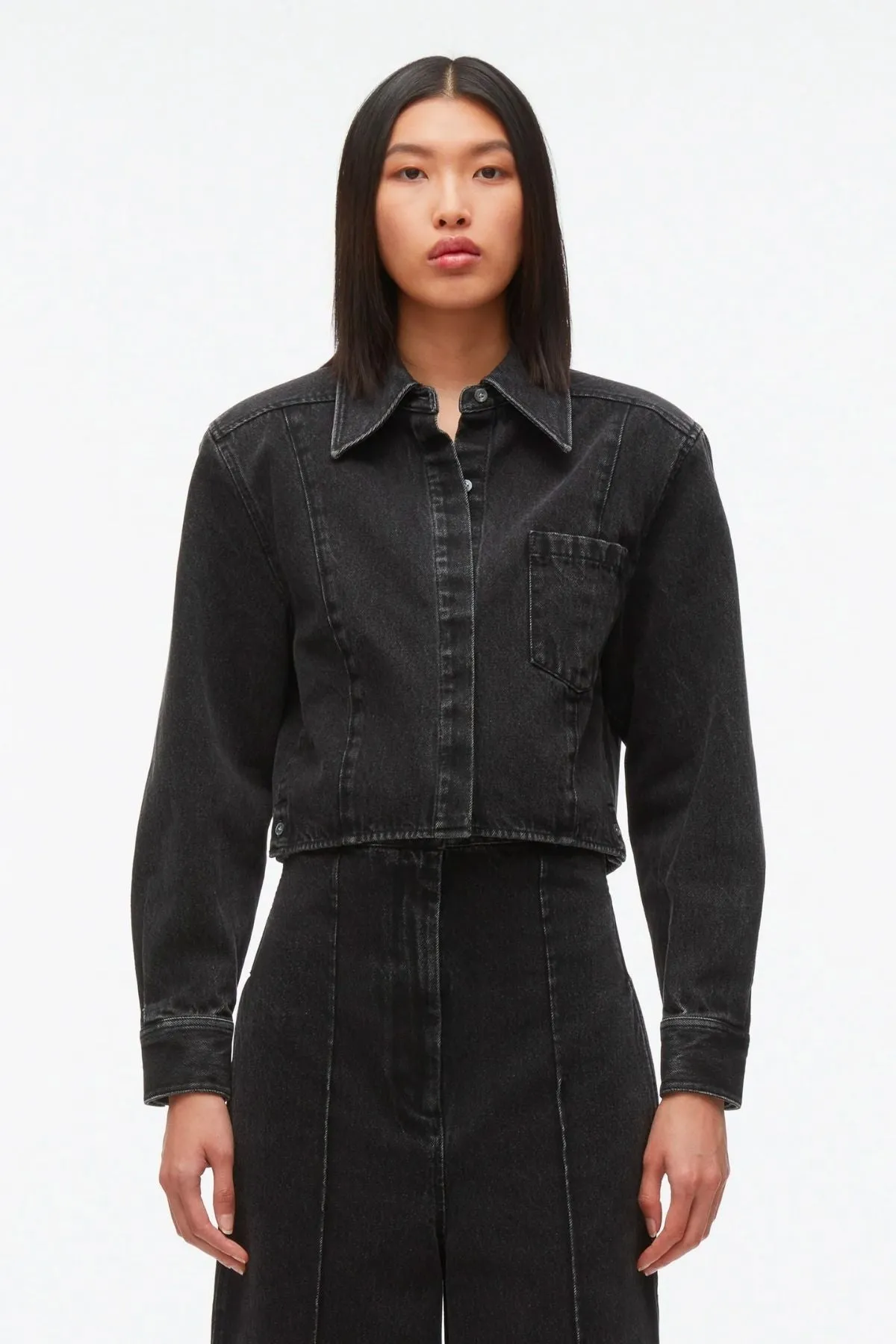 3.1 Phillip Lim Denim Cropped Shirt with Shoulder Pads - Washed Black