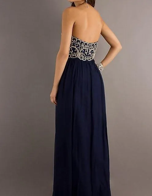 A Line Sweetheart Neck Backless Navy Blue Floor Length Long Prom Dress, Formal Dresses