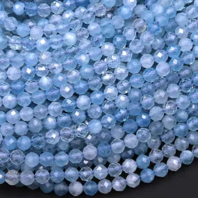 AAA Faceted Natural Blue Aquamarine 2mm 3mm 4mm 5mm 6mm 7mm Round Beads Super Translucent Micro Laser Diamond Cut Gemstone 15.5" Strand