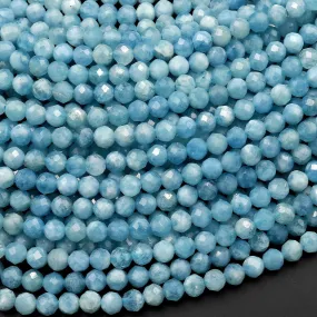 AAA Faceted Natural Blue Aquamarine 4mm Round Beads Micro Laser Diamond Cut Gemstone 15.5" Strand