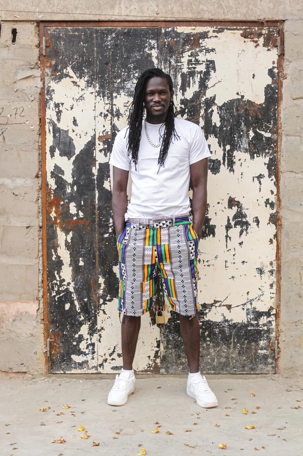 African Board Shorts In White Kente