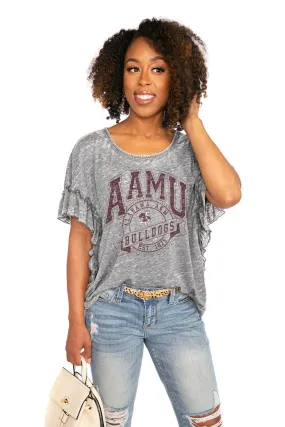 ALABAMA A&M BULLDOGS "NEVER BETTER" RUFFLE ACID WASH TOP