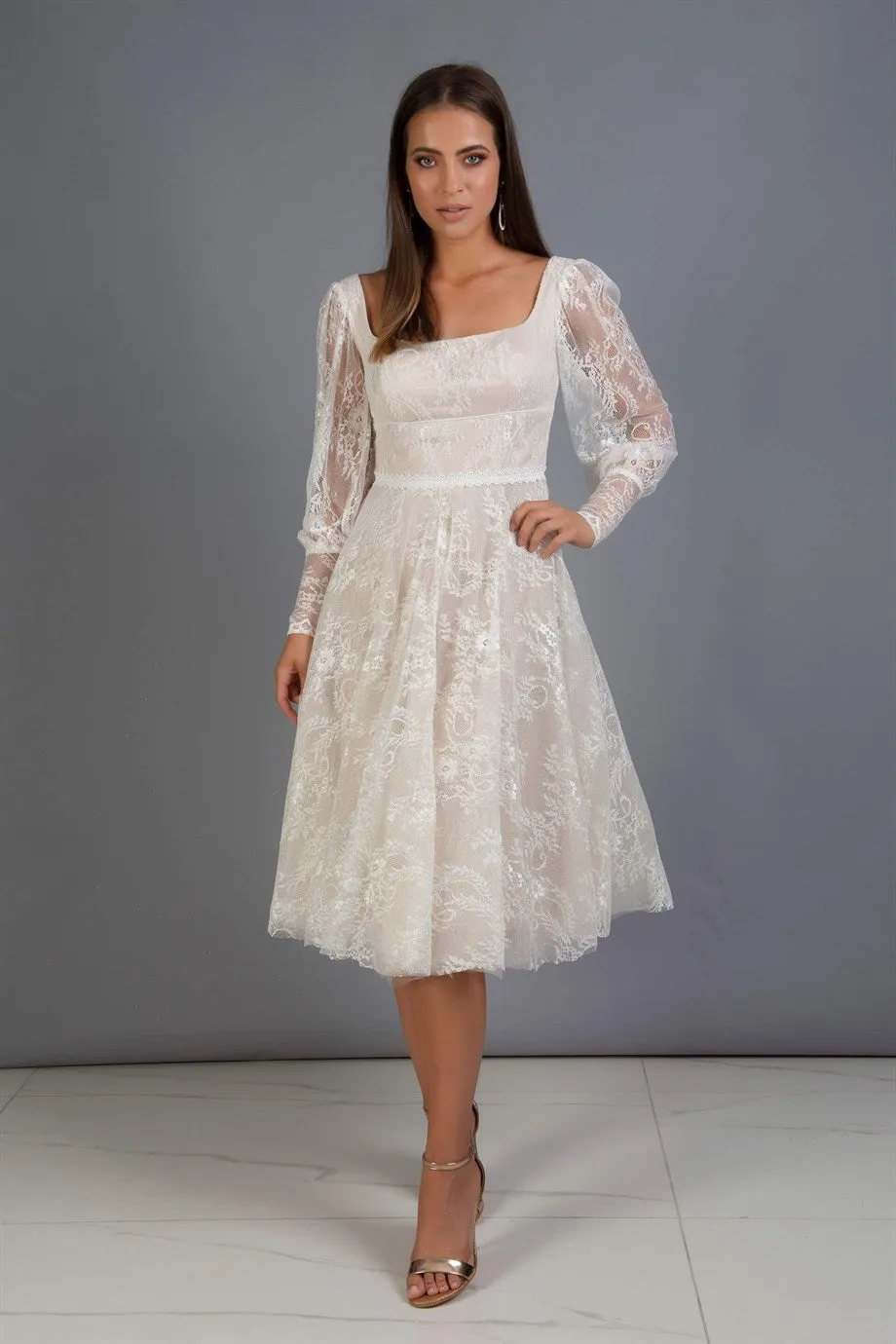 Angelino Ecru Lace Square Collar Engagement Dress