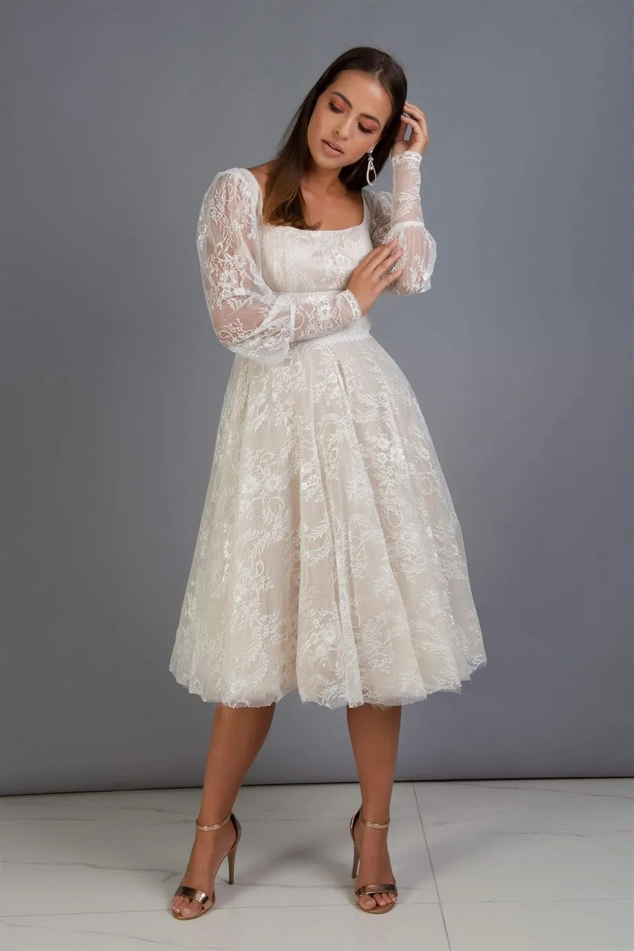 Angelino Ecru Lace Square Collar Engagement Dress