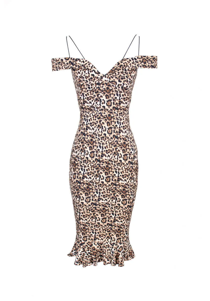 Animal Print Bodycon Cold Shoulder Midi Dress