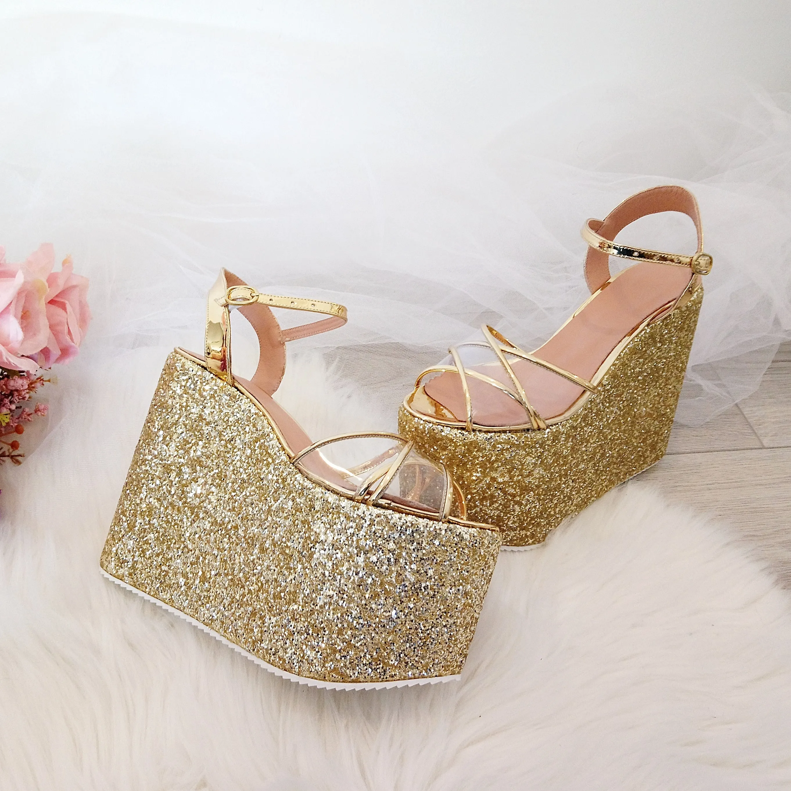 Ankle Strap Gold Glam Wedge Sandals