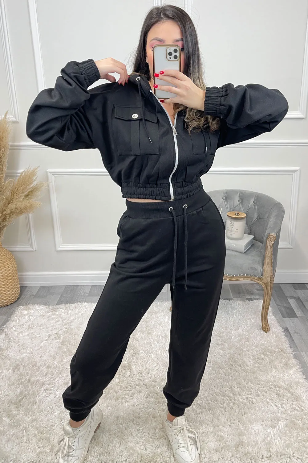 Annabell Black Pocket Cropped Hoodie and Joggers Tracksuit Set