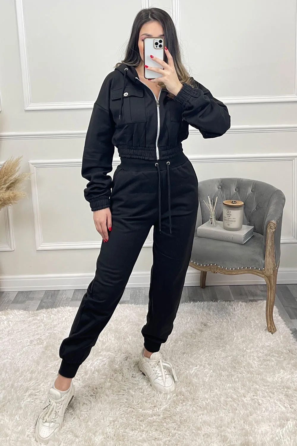 Annabell Black Pocket Cropped Hoodie and Joggers Tracksuit Set