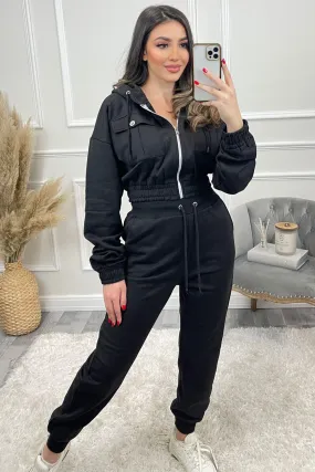 Annabell Black Pocket Cropped Hoodie and Joggers Tracksuit Set