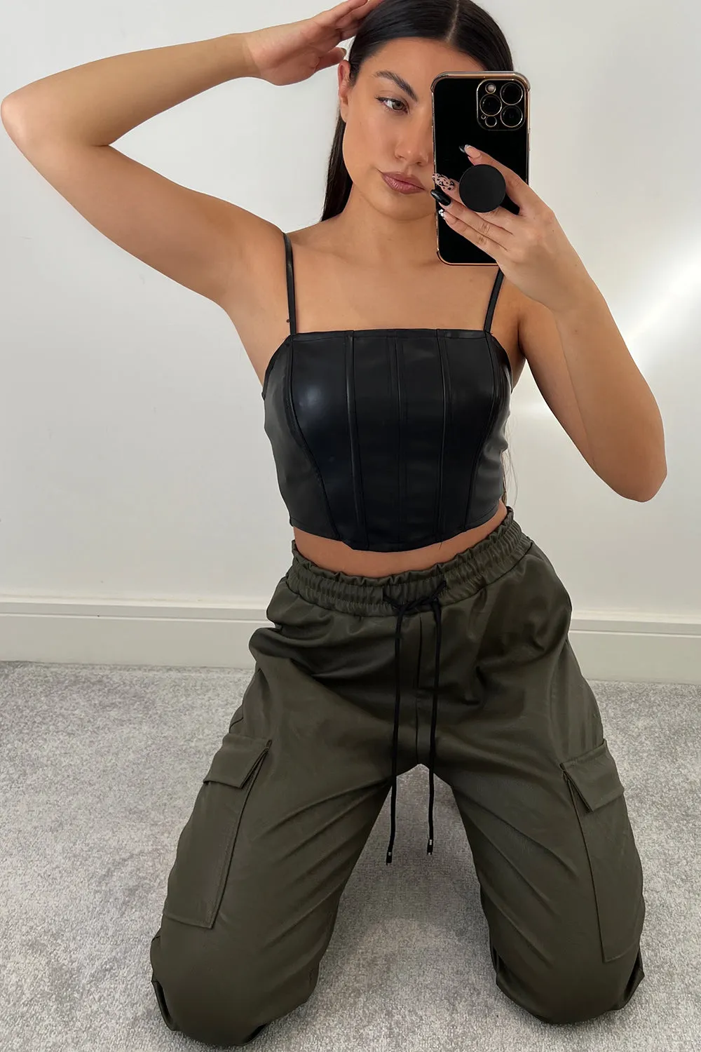 Annalise Black Faux Leather PU Corset Crop Top