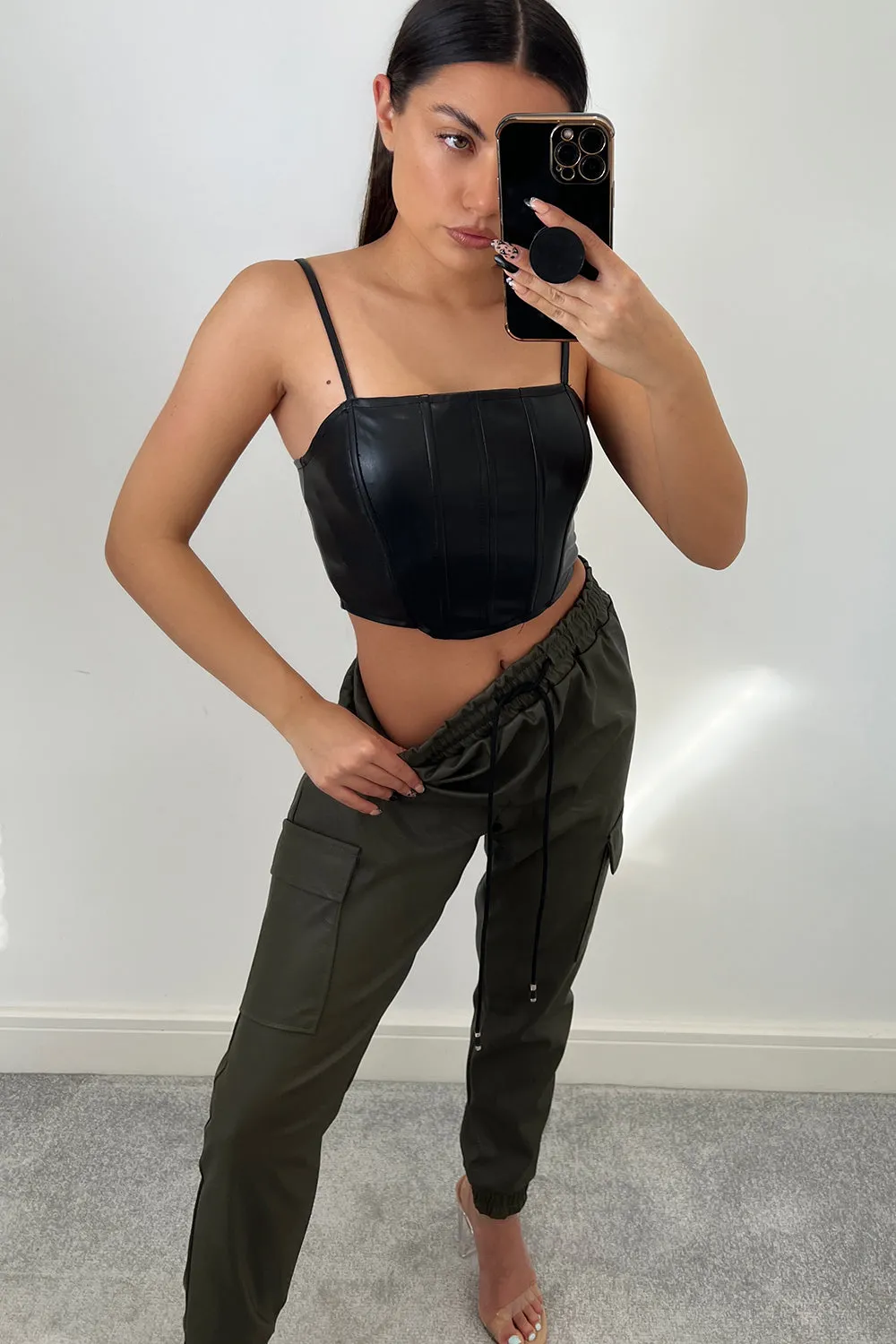 Annalise Black Faux Leather PU Corset Crop Top