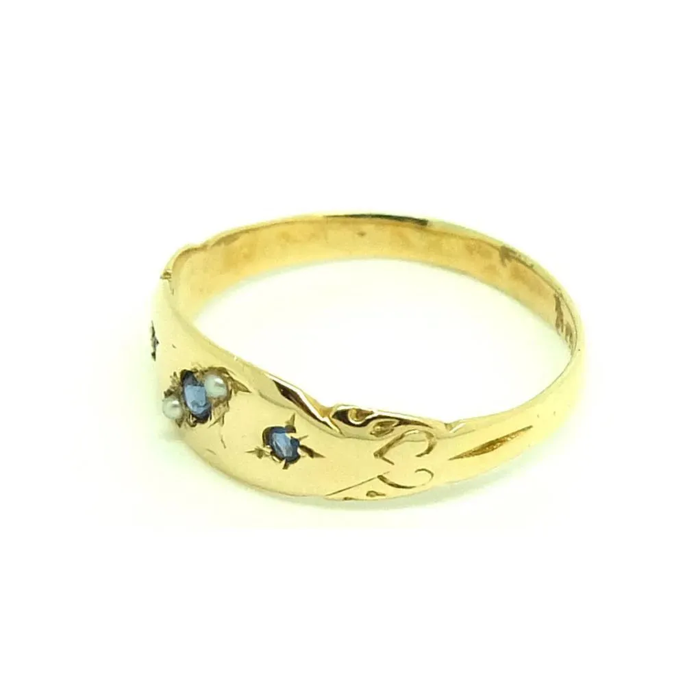 Antique Edwardian Blue Sapphire & Pearl 18ct Gold Ring