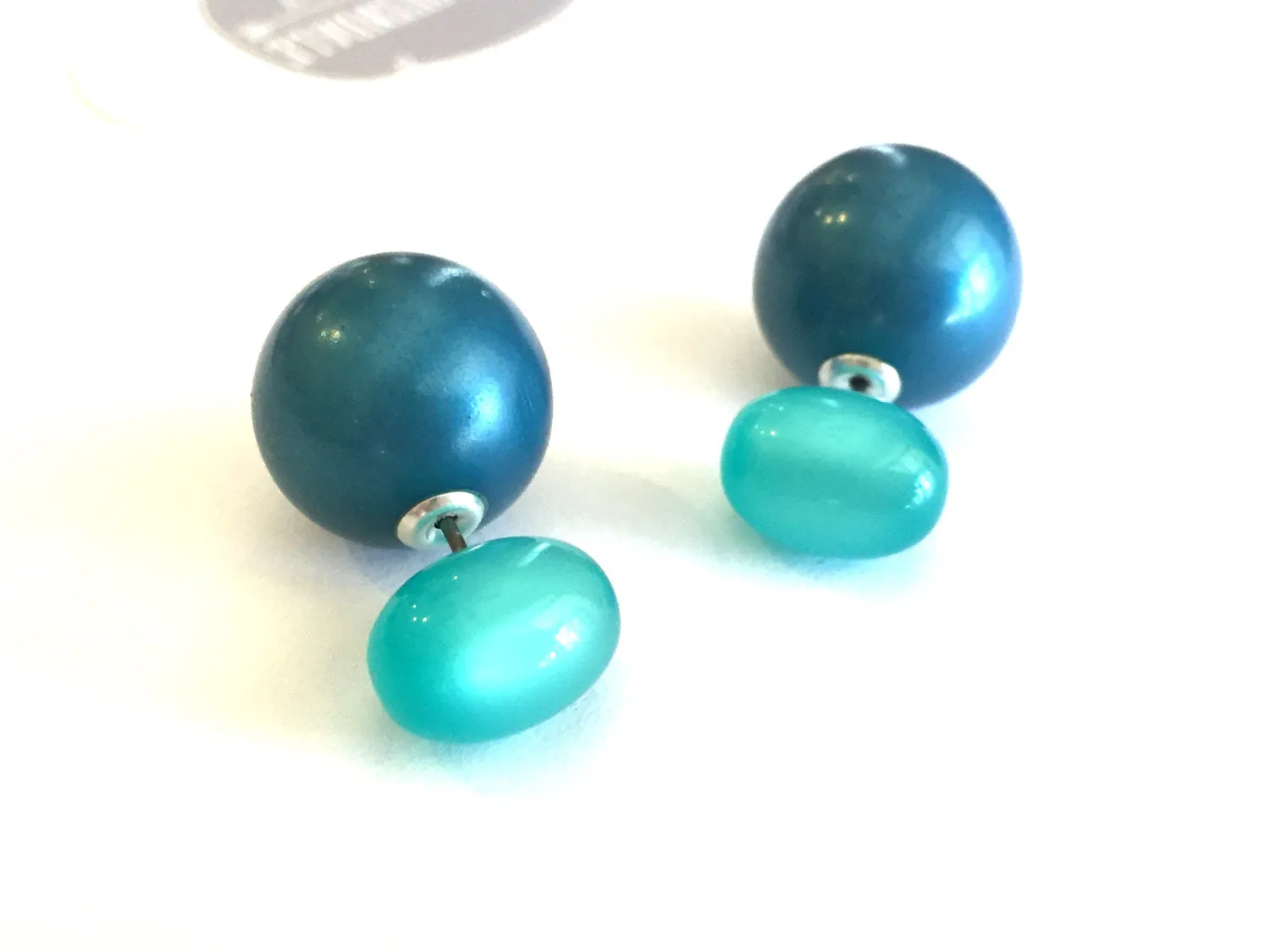 Aqua and Blue Pearl Moonglow 2 Sided Double Stud Earrings