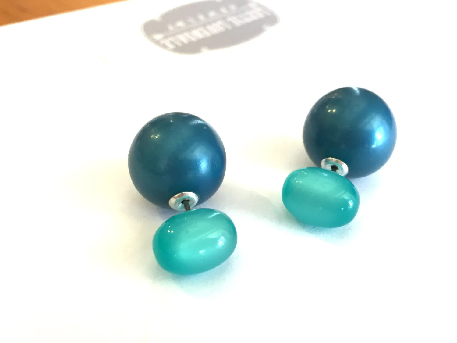 Aqua and Blue Pearl Moonglow 2 Sided Double Stud Earrings