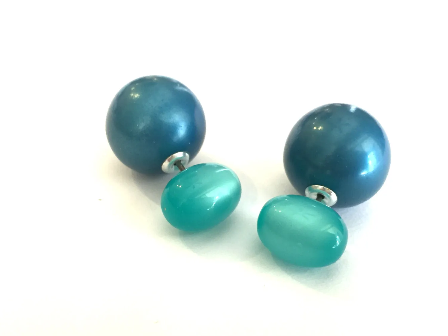 Aqua and Blue Pearl Moonglow 2 Sided Double Stud Earrings