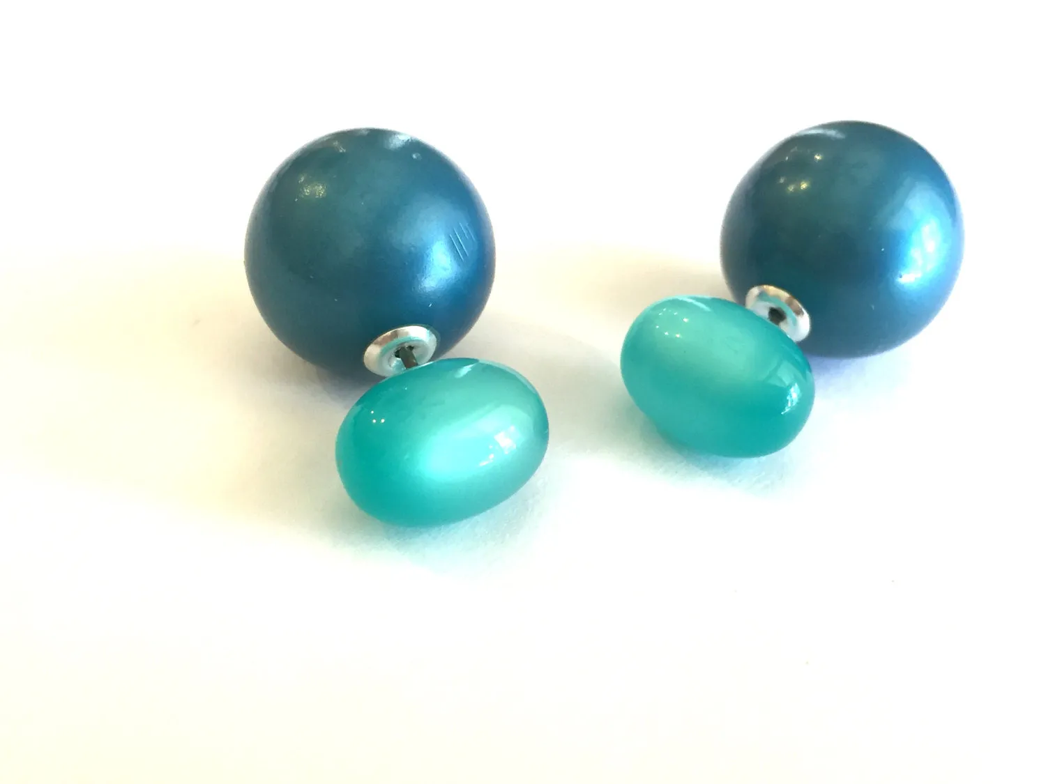 Aqua and Blue Pearl Moonglow 2 Sided Double Stud Earrings