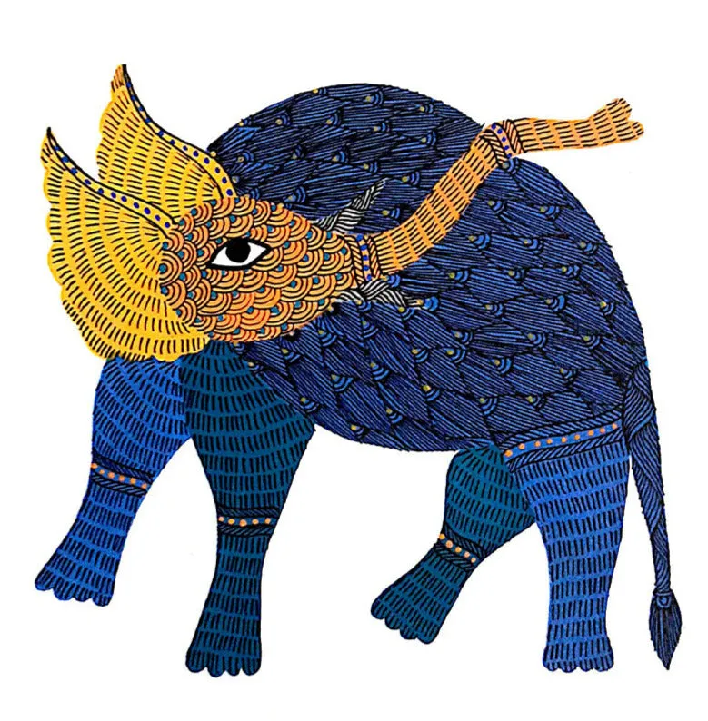 Azure Majesty: The Serene Blue Elephant of Gond Art Gond Painting by Kailash Pradhan