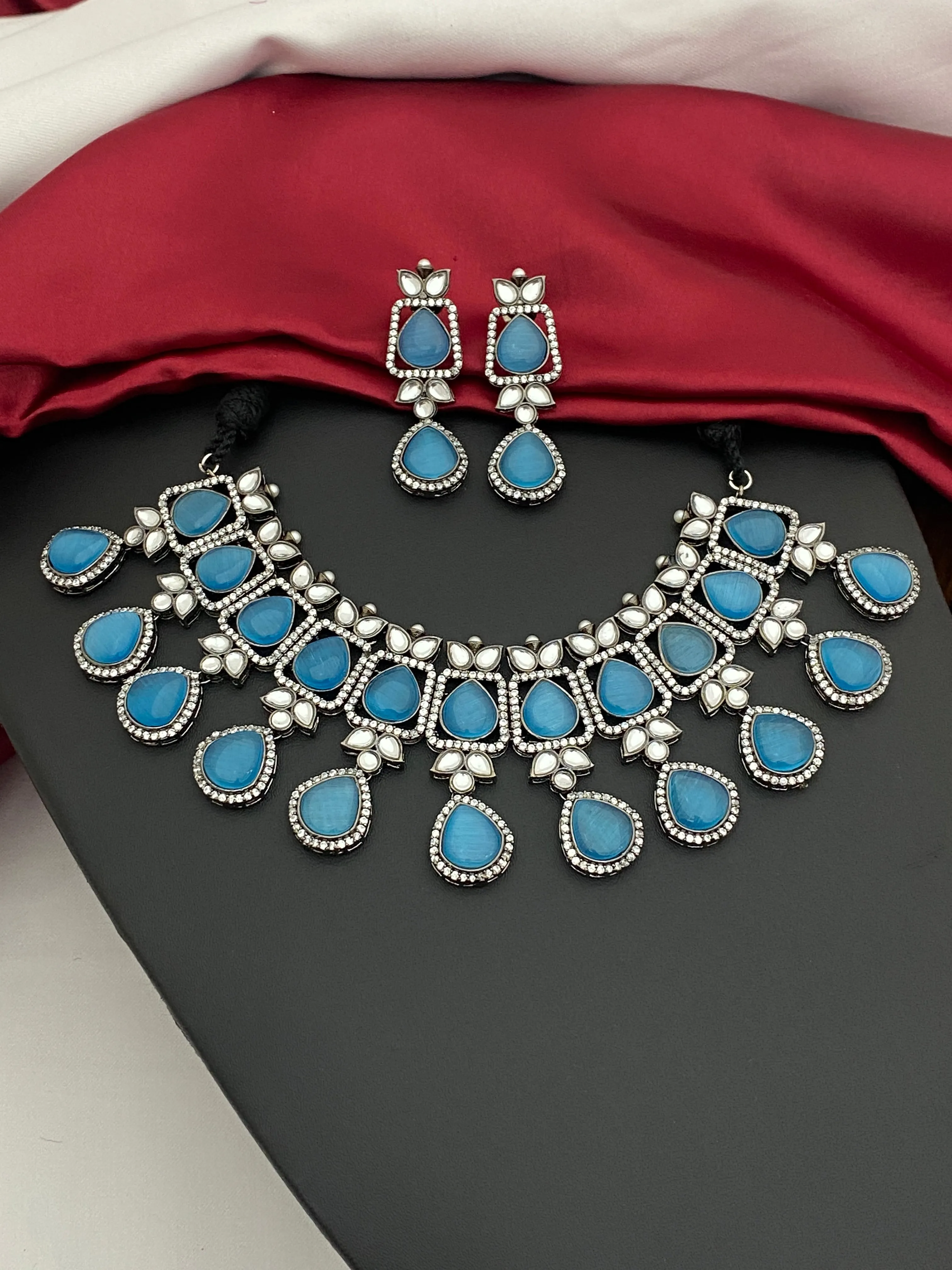 Beautiful Oxidized Sky Blue Color Kundan Necklace With Earrings