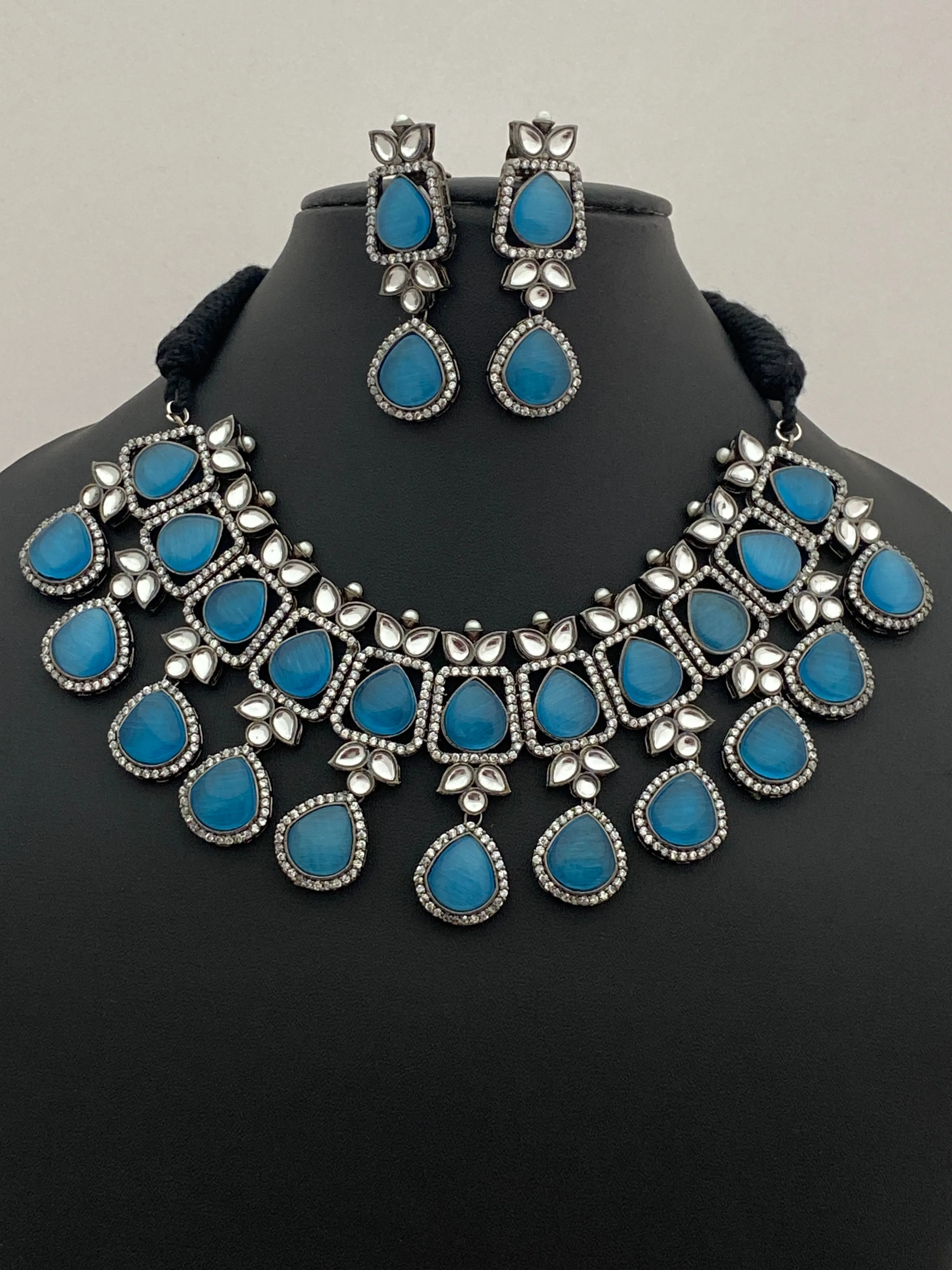 Beautiful Oxidized Sky Blue Color Kundan Necklace With Earrings