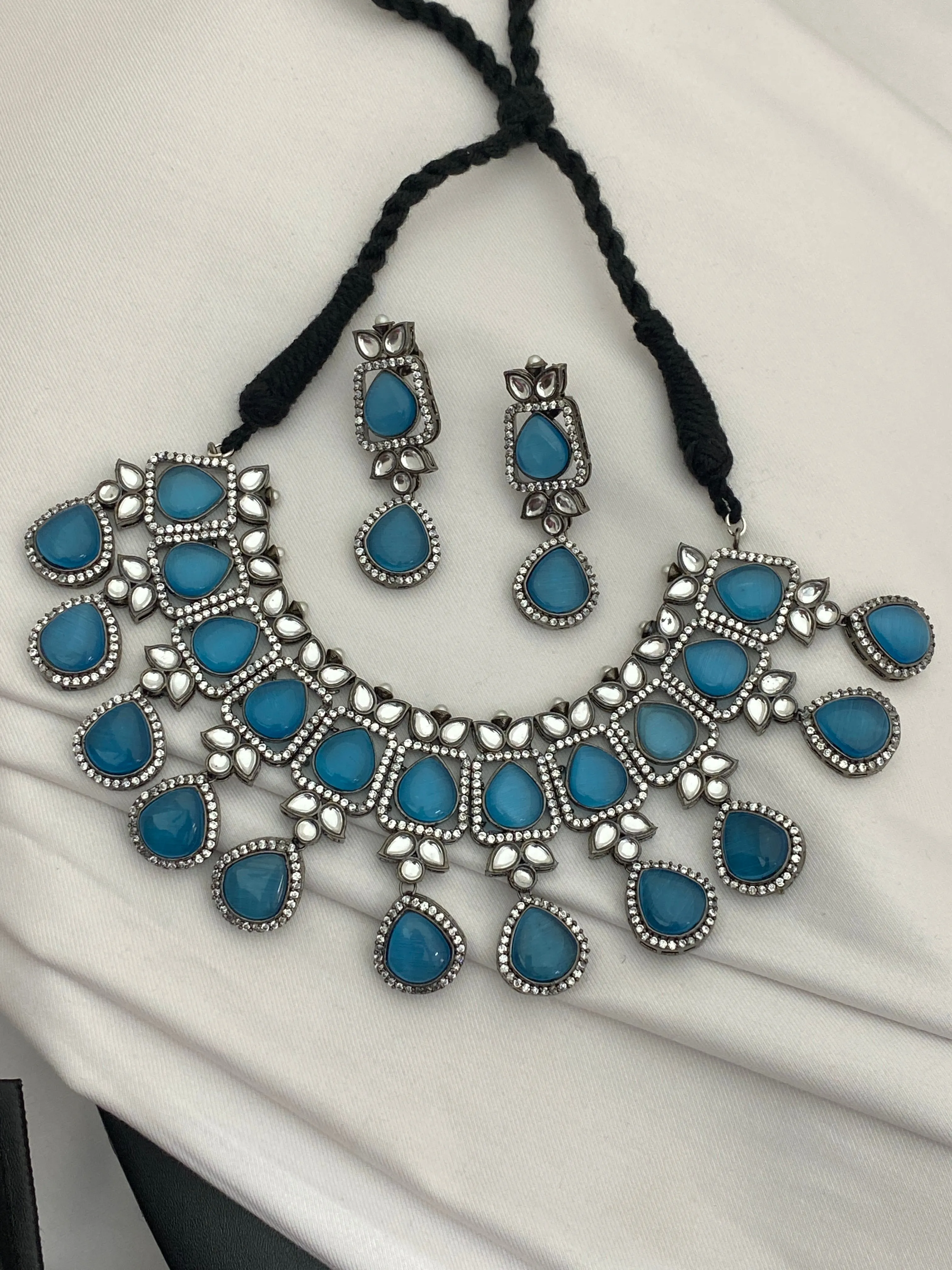 Beautiful Oxidized Sky Blue Color Kundan Necklace With Earrings