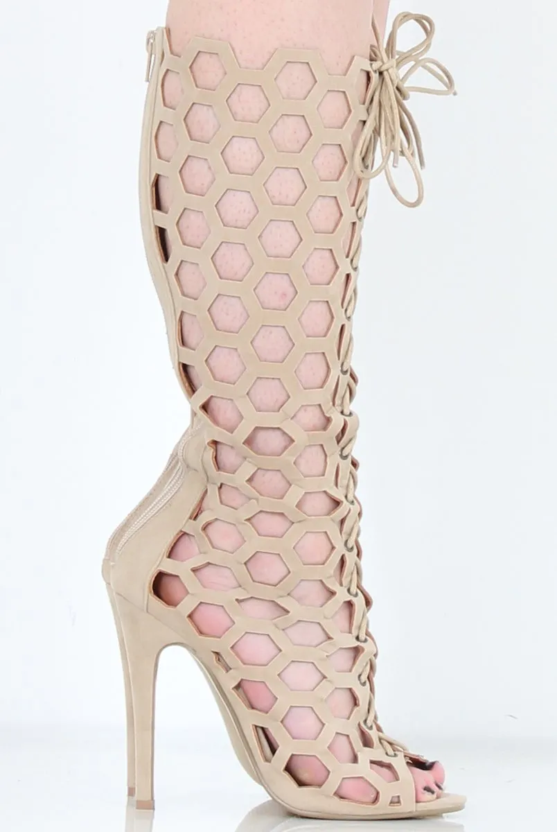 Beige Peep Toe Lace Up Heels - Honey