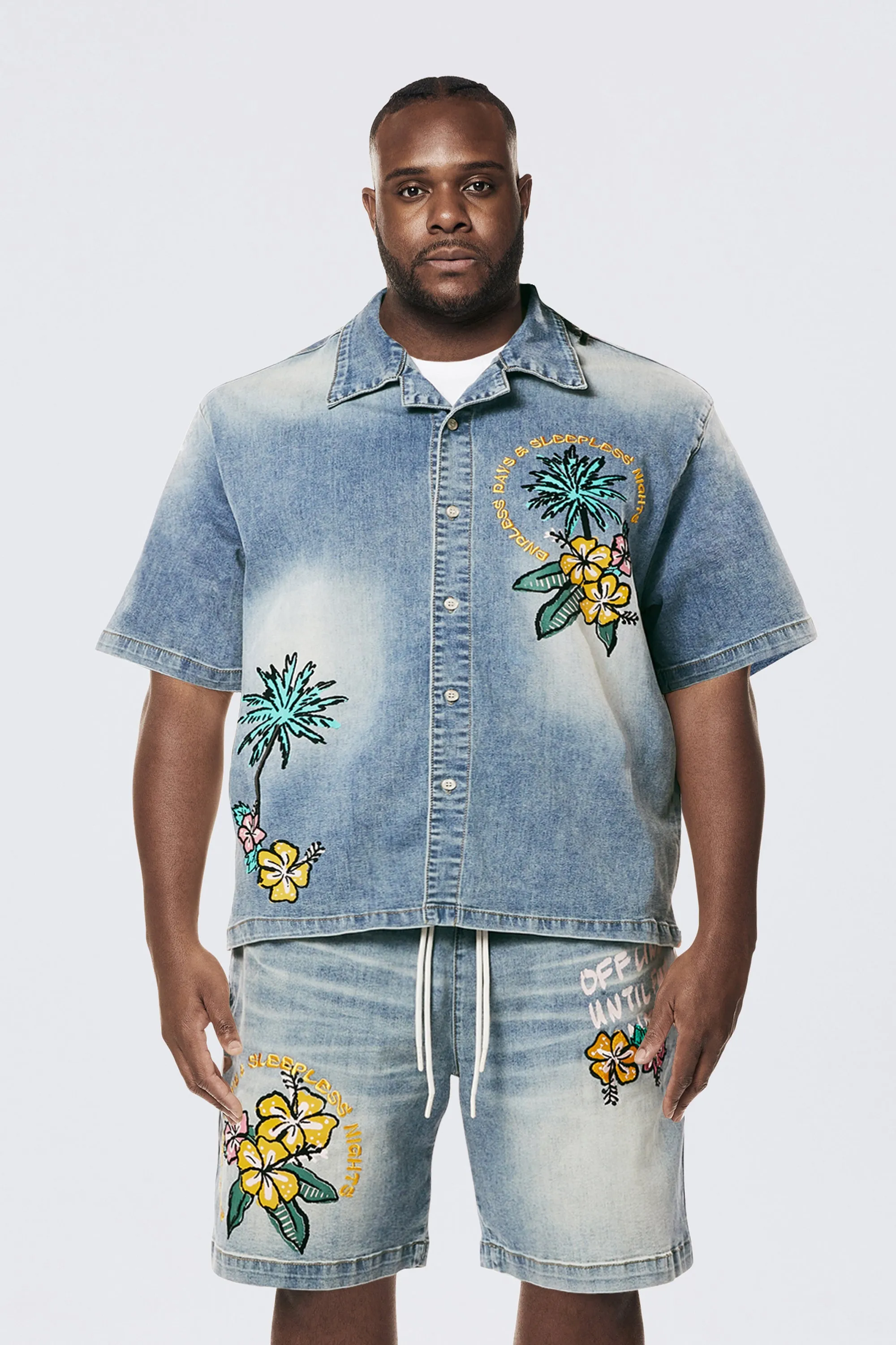 Big and Tall - Tropical Doodle Denim Shirt - Malibu Blue