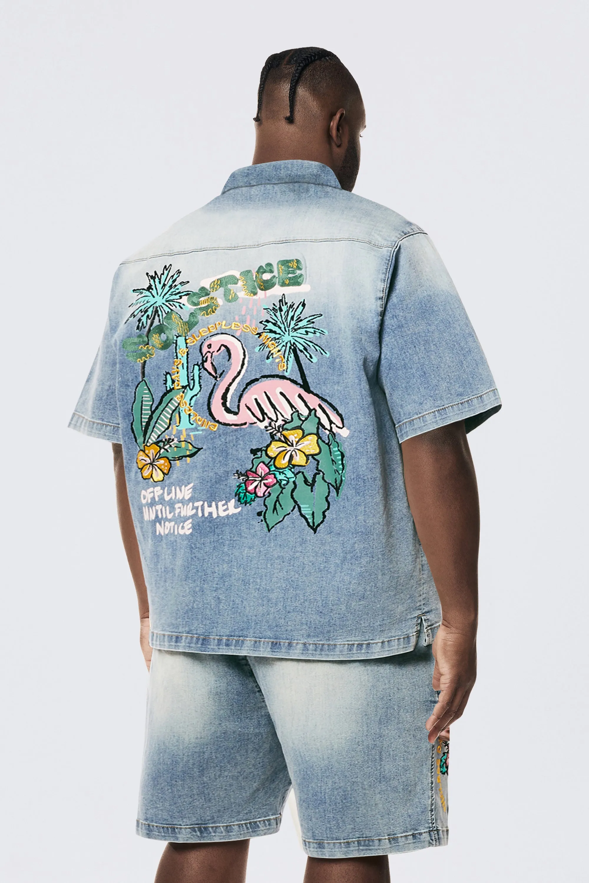 Big and Tall - Tropical Doodle Denim Shirt - Malibu Blue