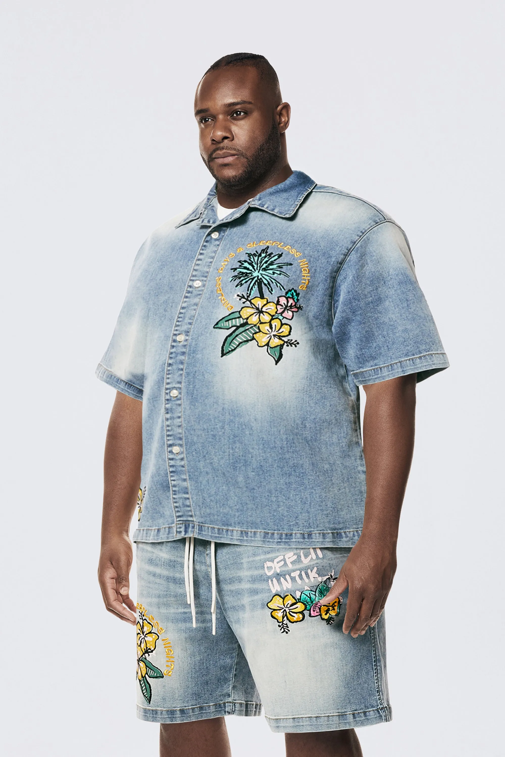 Big and Tall - Tropical Doodle Denim Shirt - Malibu Blue