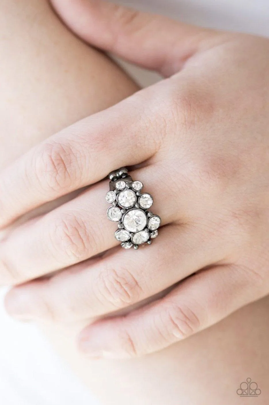 Billion Dollar Bombshell Gunmetal and White Rhinestone Ring - Paparazzi Accessories