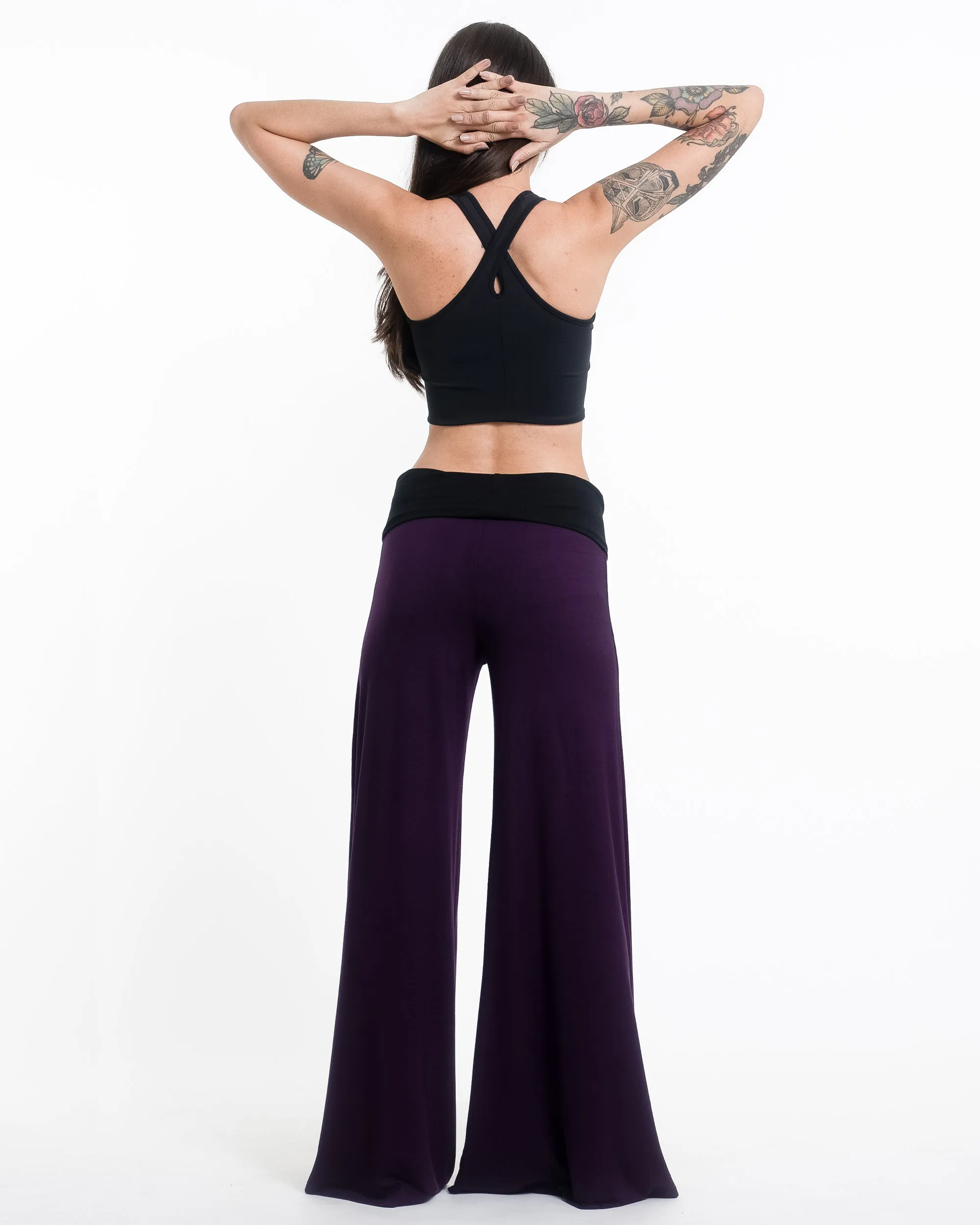 Birds Print Wide Leg Palazzo Harem Pants Cotton Spandex in Purple