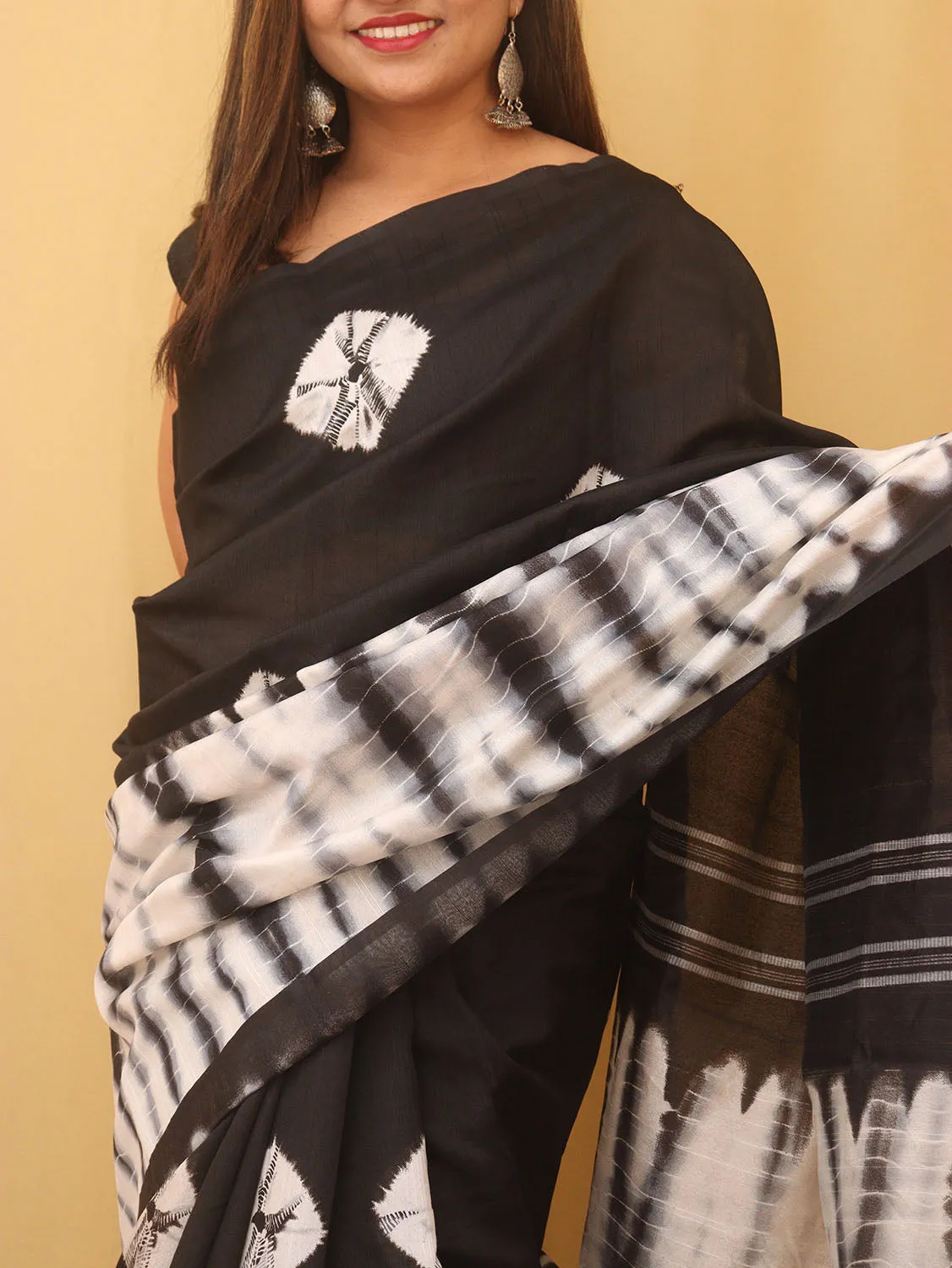 Black And White Shibori Print Semi Tussar Silk Saree