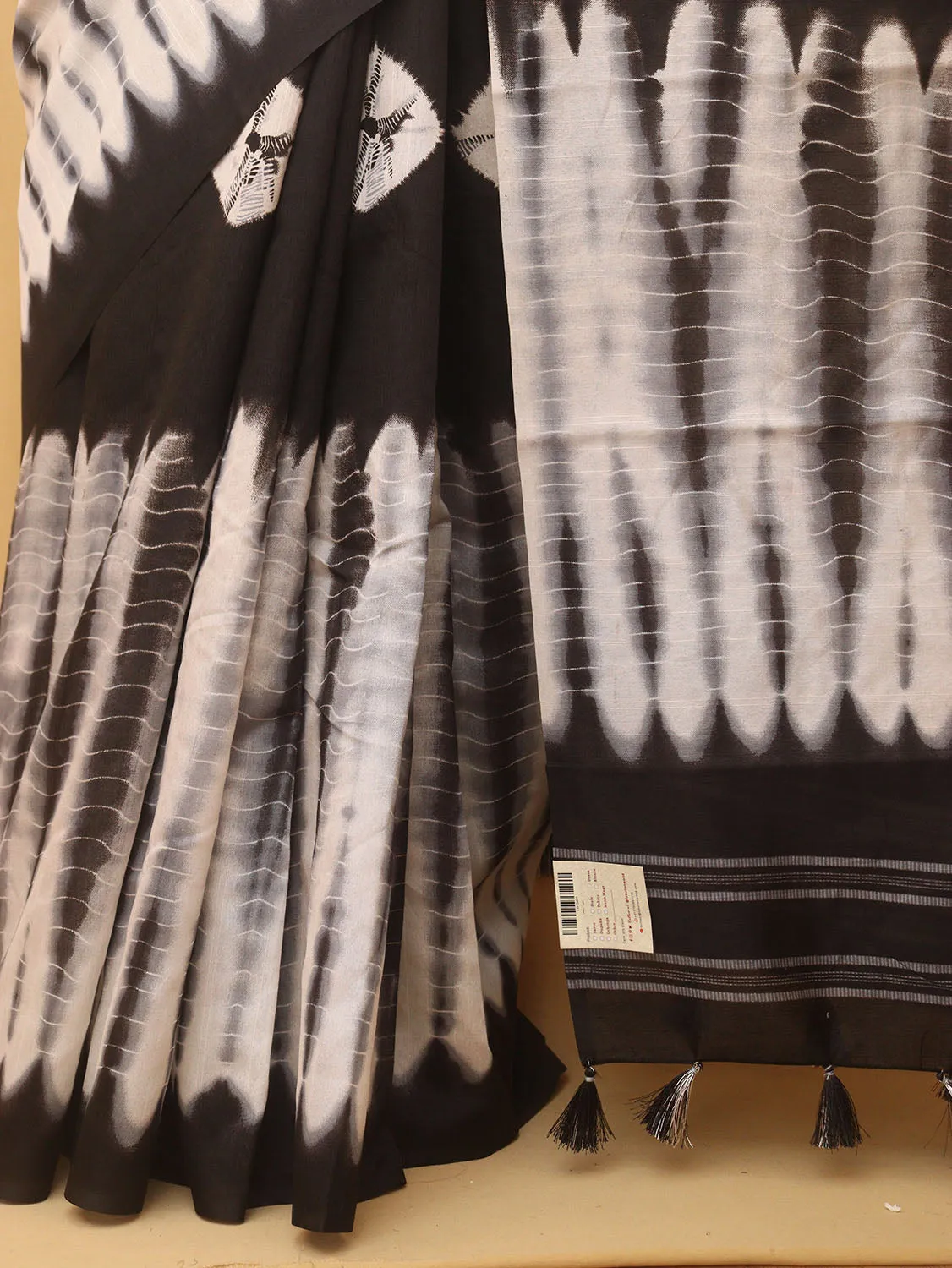 Black And White Shibori Print Semi Tussar Silk Saree