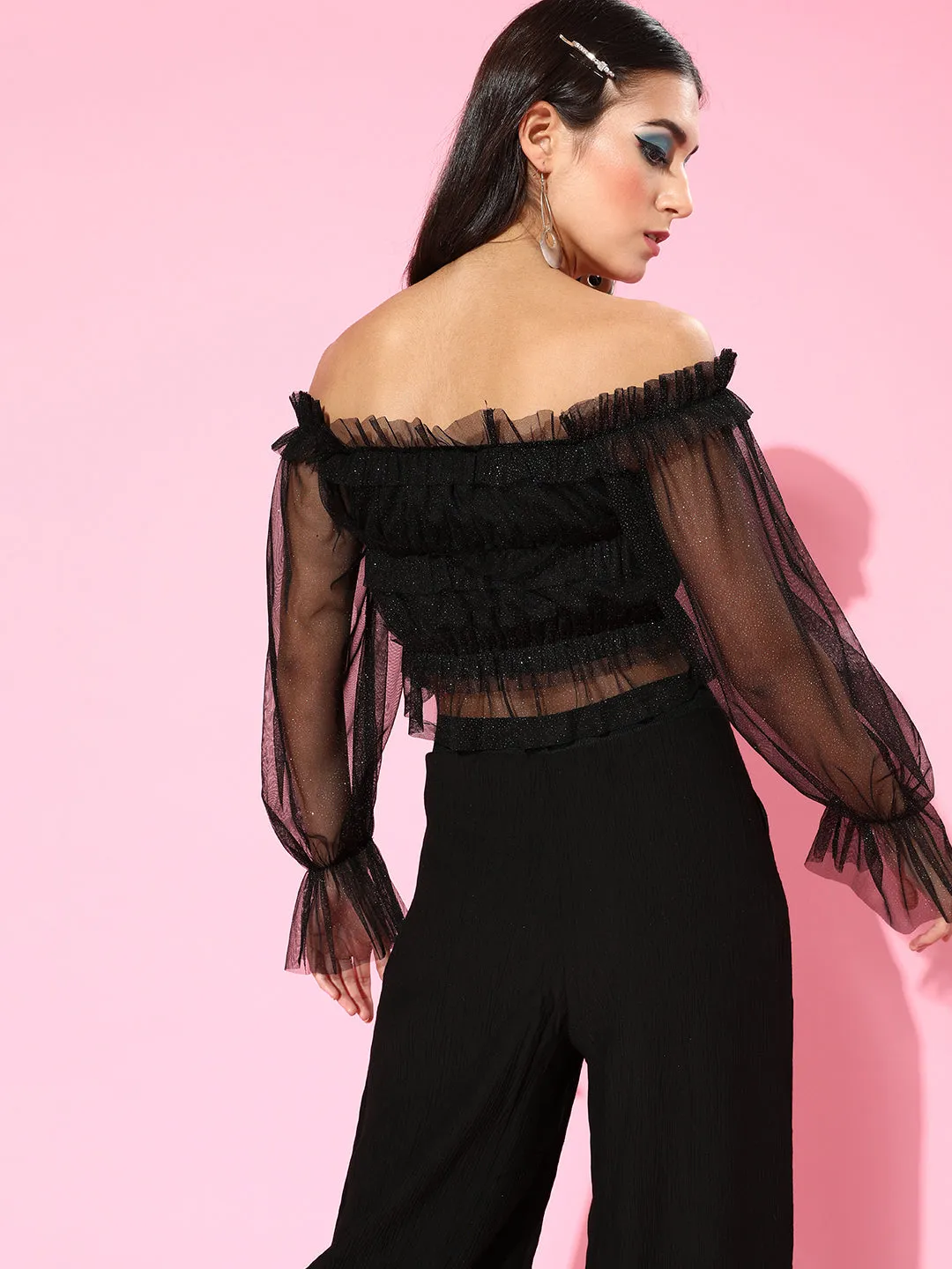 Black Bardot Mesh Lurex Crop Top