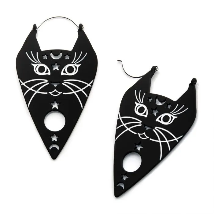 Black Cat Face Ouija Planchette Plug Hoops