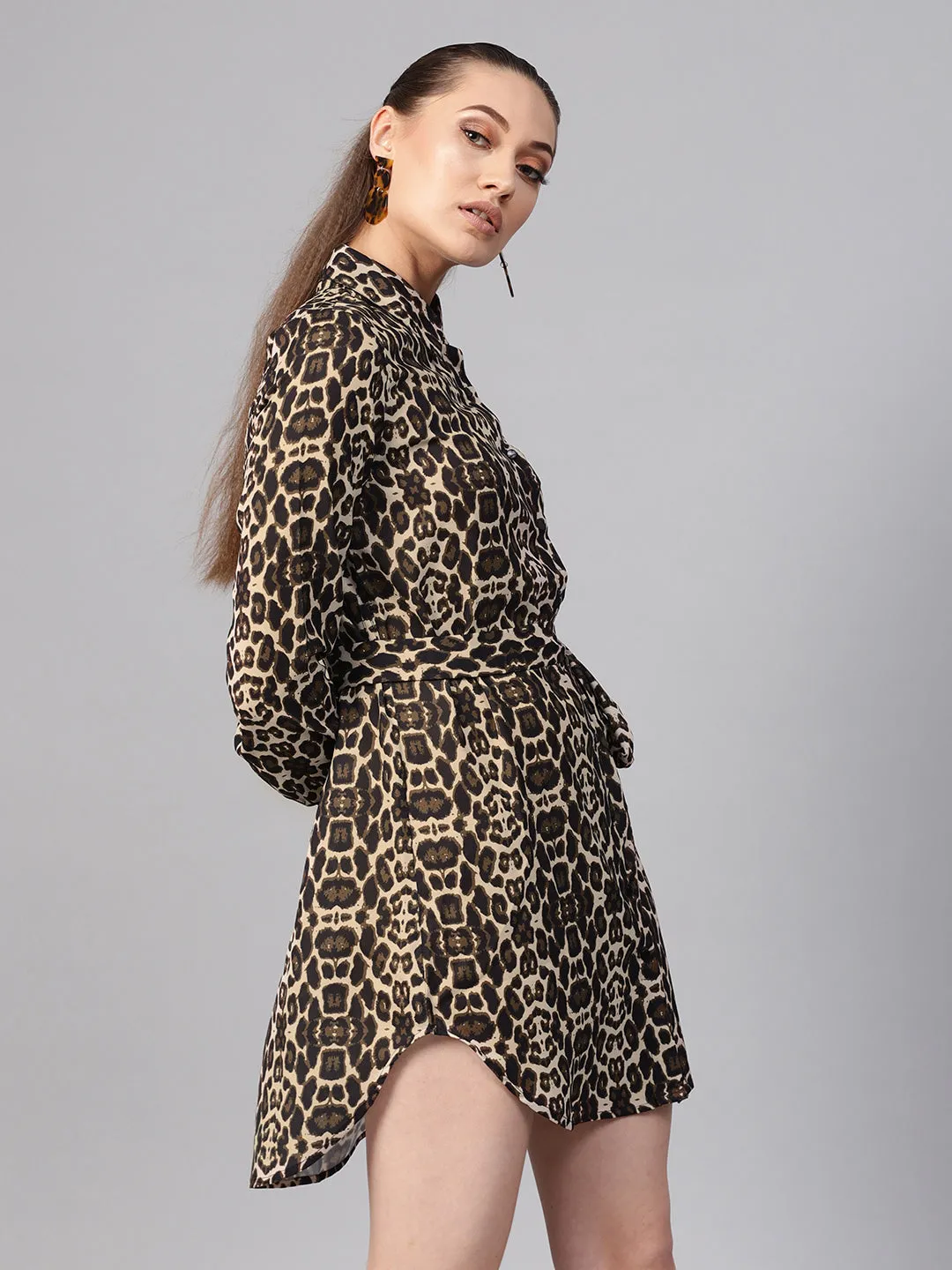 Black Cheetah Front Open Shirt Dress