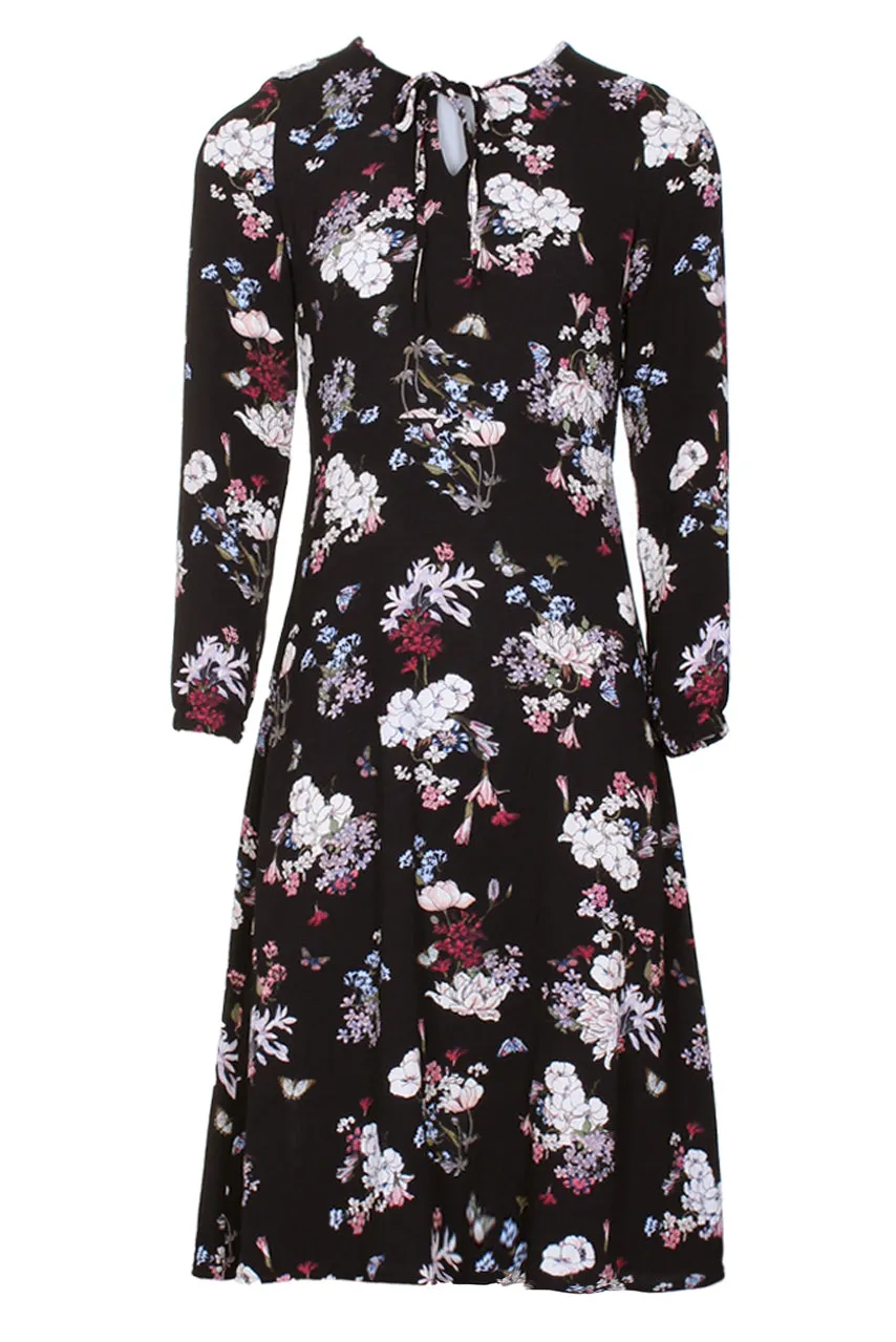 Black Floral Long Sleeve Swing Dress