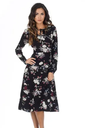 Black Floral Long Sleeve Swing Dress