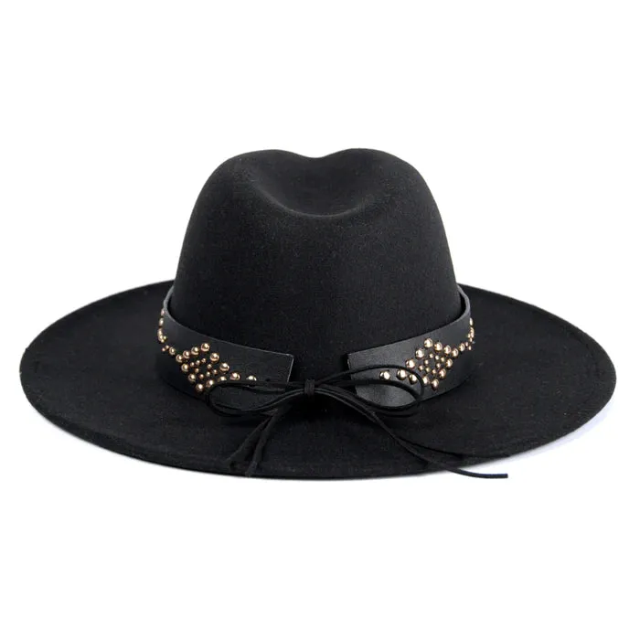 BLACK GLINDA GROMMET TRIM WIDE BRIM FEDORA