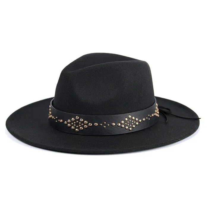 BLACK GLINDA GROMMET TRIM WIDE BRIM FEDORA