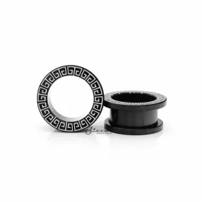 Black IP Over Surgical Steel Greek Key Screw Fit Flesh Tunnel Plugs