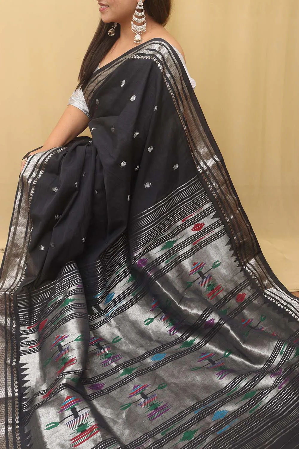 Black Paithani Handloom Pure Cotton Saree