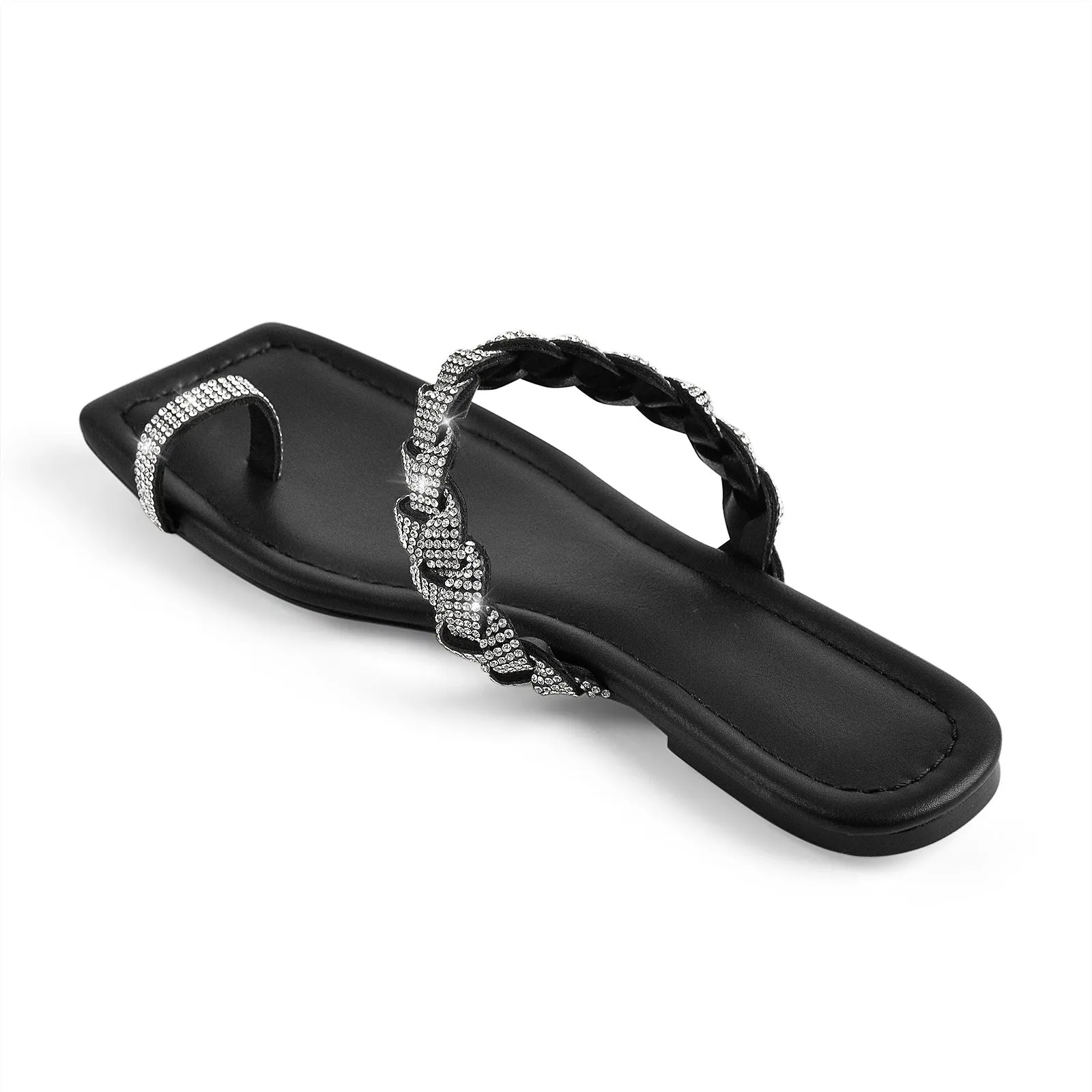 Black Rhinestone Flats Slippers